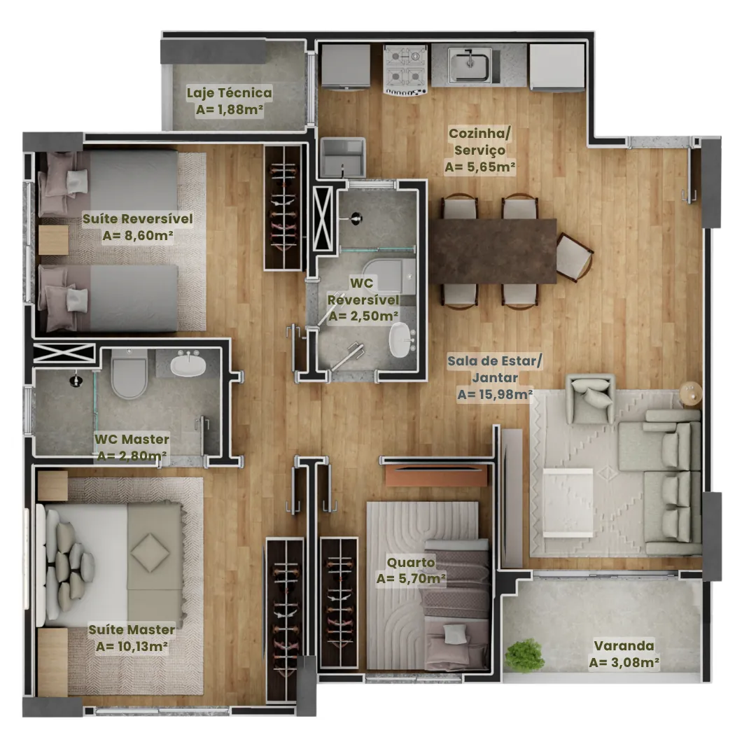 Planta de 3 quartos, 66,21 m²